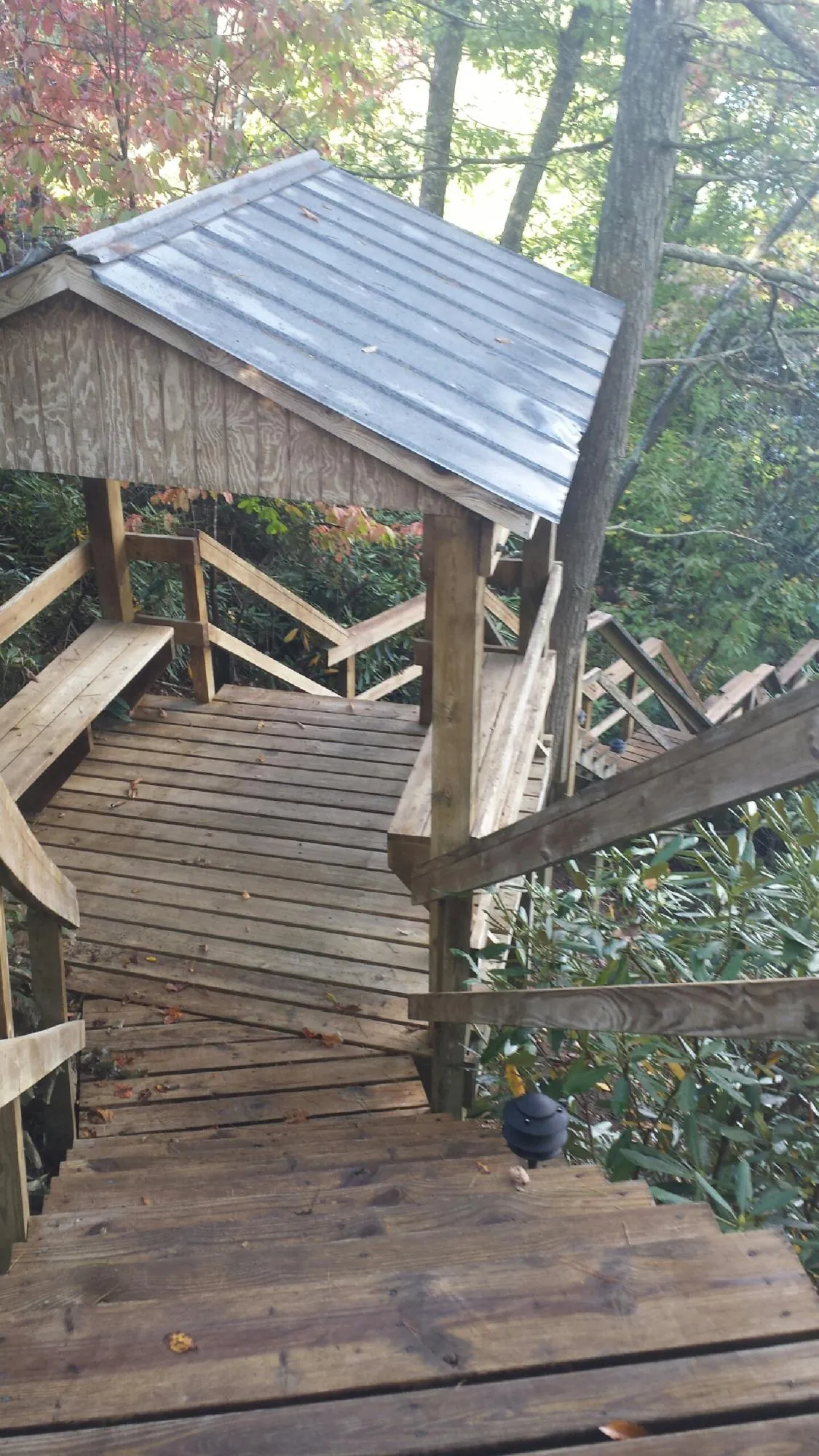 Metal roofed shelter over wooden steps on a wooded walkway — Skylight Repair & Installation work by our crew in Brookwood